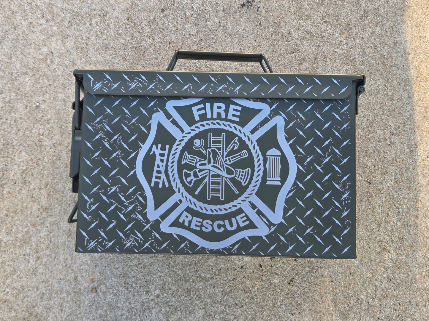 Ammo Can 50 Cal Diamond Plate with Fire Maltese
